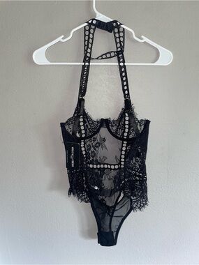 Black Floral Lace Halter Mesh Teddy bodysuit Small
